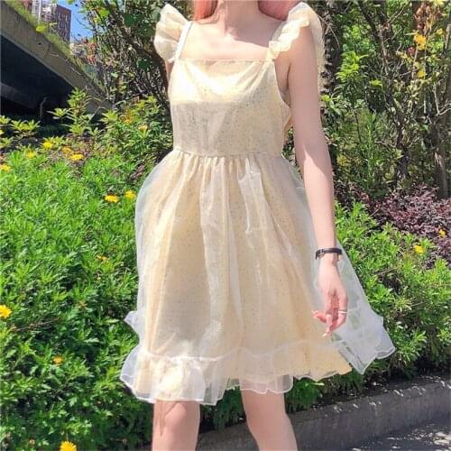 Sweet Kawaii Lolita Dress Summer Japanese Cute Stitching Mesh Sleeveless Sling Dress Elegant Retro Lady Drees Harajuku Gothic