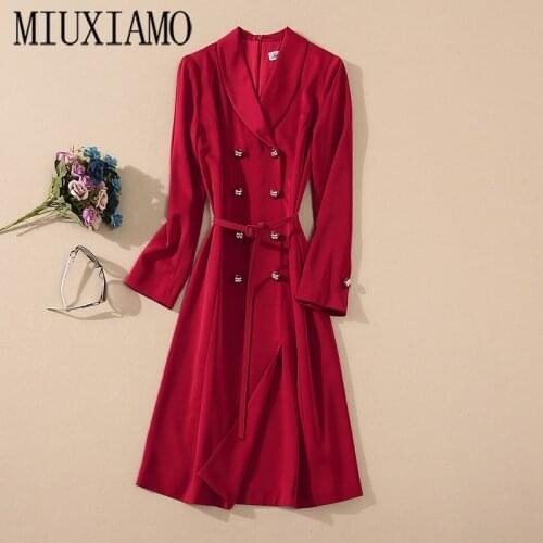 MIUXIMAO Luxurious 2020 Fall Dress Women Wine Red Dress Solid Slim Office Lady Casual Dress Women Vestidos With Belt
