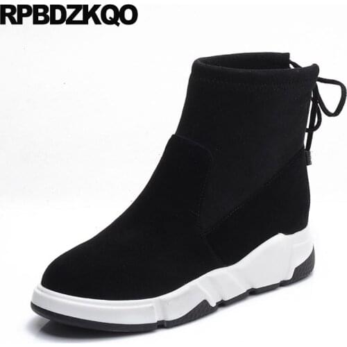 Platform Height Increasing Booties Autumn Lace Up Shoes Women Boots Winter 2017 Flat Suede Black Ankle Fall Casual Ladies Female