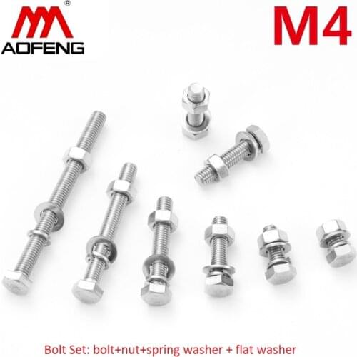304 Stainless Steel M4 Hex Bolt Set M4 X 8 10 12 14 16 18 20 25 30 35 40 45 50 60mm Long Hexagon Bolt Set with Nut and Washers