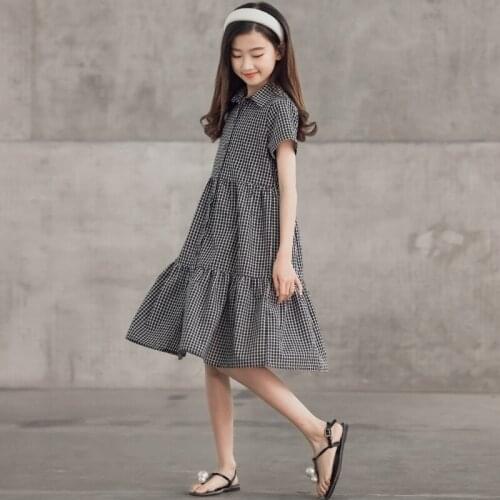 New Girls Dress Cotton Mid Length Kids Clothes 2021 New Plaid Preppy Teen Summer Dress Children Clothes Buttons,#6212