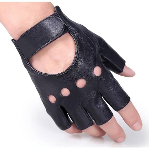 Men Half Finger Leather Motorcycle Driving Gloves Fingerless Sheepskin Leather Gloves for Outdoor Tactical Sports Fishing AGC006