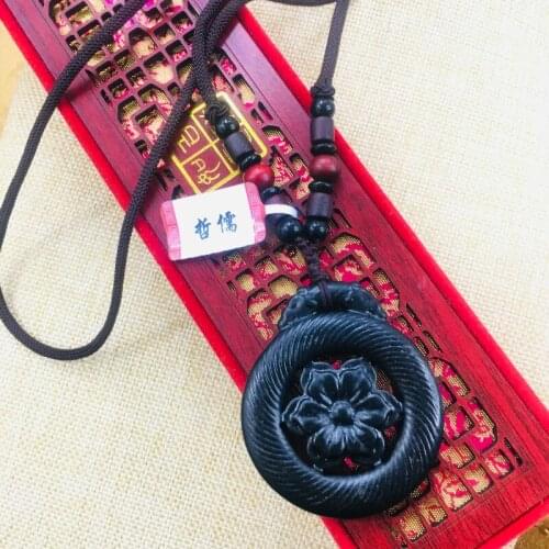 Natural Hetian Black Jade Hand-carved black double-sided hollow flower lock pendant necklace Sweater chain Send certificate
