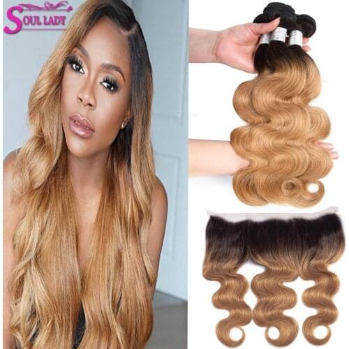 Soul Lady Ombre Bundles with Frontal Peruvian Body Wave With Frontal Honey Blonde Human Hair Bundles With Lace Frontal Closure