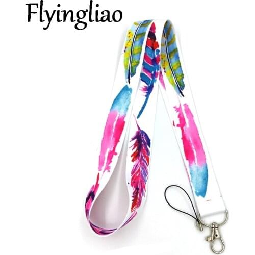 Colorful Feathers Neck Keychain Necklace Webbings Ribbons Anime Cartoon Neck Strap Lanyard ID badge Holder Keychain Lanyards