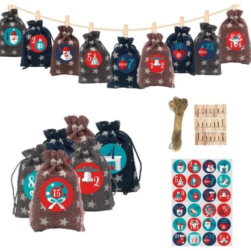 Stars Print 2021 Christmas Advent Calendar 24 Days Hanging Drawstring Candy Bags with Stickers Handmade DIY Sacks Countdown