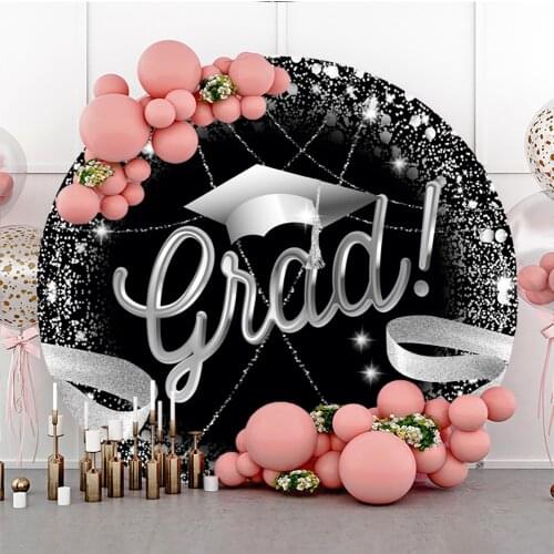 Laeacco Silver Graduation Grad 2021 Ribbon Celebration Poster Portrait Round Backdrop For Digital Photographic Circle Background