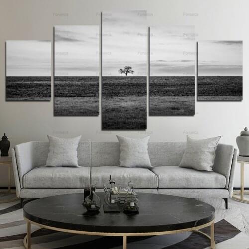 Modern Canvas Painting 5 Pieces Black White Lake Field Landscape Posters And Prints Wall Art Pictures For Living Room Decor