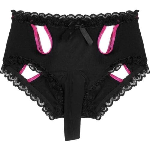 Men Lace Trim Sexy Briefs Hallow Out Bulge Pouch Transparent Panties Bownot Low Rise Stretchy Underwear for Lingerie Night