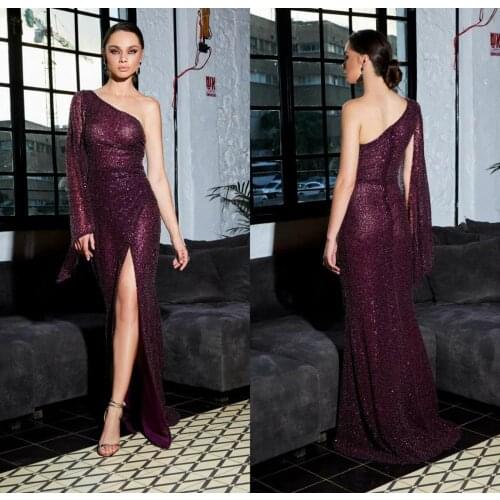 Grape Prom Dresses One Shoulder Lace Major Beading High Side Split Evening Dress With Wrap Custom Made Formal Robes De Soirée