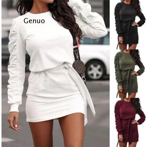 Spring Autumn Women High Waist Dresses Womens Ruffled Sleeve O Neck Fashion Casual Sweatshirt Dress Street Style Belt Pullovers