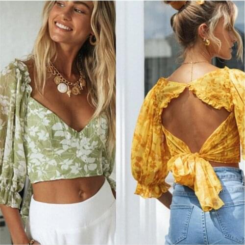FUFUCAILLM Women’s Leaf Print Blouses Mesh Petal Half Sleeve Deep V Neck Crop Top Backless Bow Ruffles Summer Shirts New Outfits