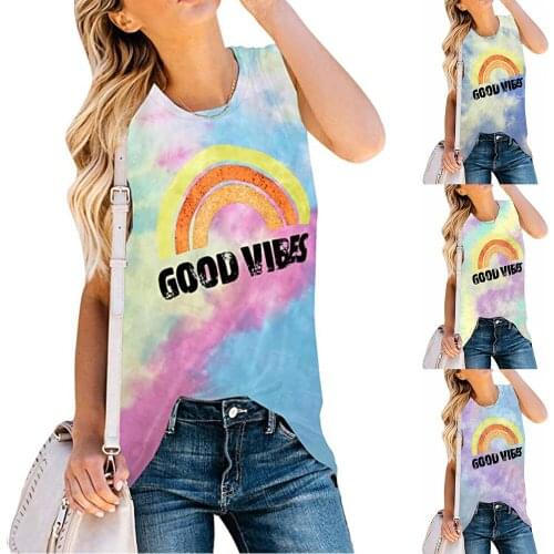 2020 Tie-dye Womens Vest T-shirt Top Casual Polyester Rainbow Pattern Letter Printing Round Neck Large Size Sleeveless T-shirt