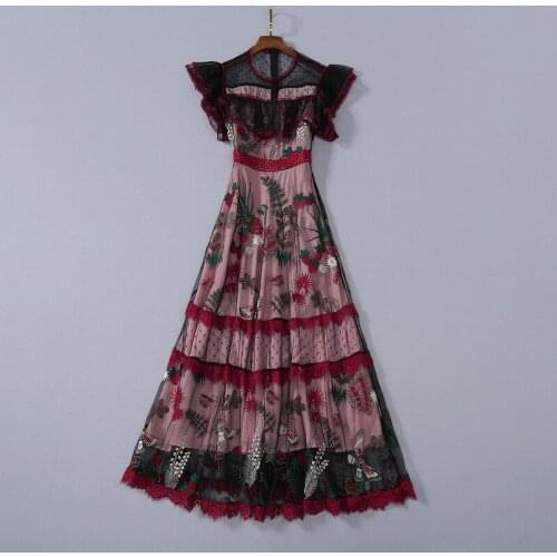 European and American womens wear 2020 summer new style Short - sleeved standneck lace patchwork mesh embroidery dress