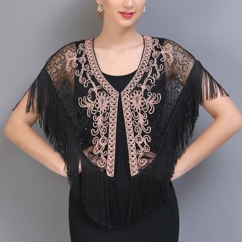 Vintage Art Deco Women Shawl 1920s Flapper Party Cover Ups Sexy V-neck Paisley Sequin Fringe Cape Evening Wrap