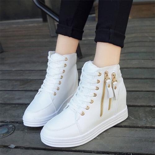 High Top Wedges Sneakers for Women Leather Platform Shoes Spring Rivets Decoration Fashion Sport Hidden Heel Sneakers Women