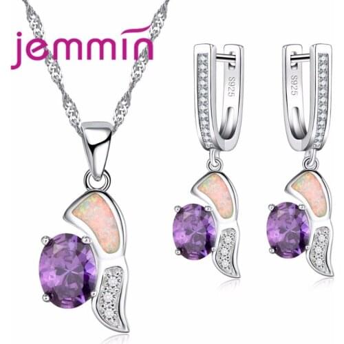 Women White Opal Pendants Necklaces Earring Set For Engagement Jewerly Fine 925 Sterling Silver Crystal Bridal Jewellery