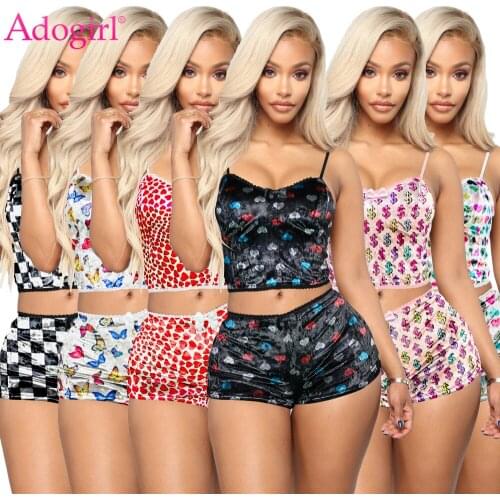 Adogirl Women Casual Print Velvet Two Pieces Set XS-XXL Spaghetti Straps Crop Top Shorts Female Tracksuit Night Club wear