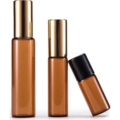10ml Thick Frosted Amber Brown Glass Roll On Bottle Gold Aluminum Cap Essential Oils Container LX3700