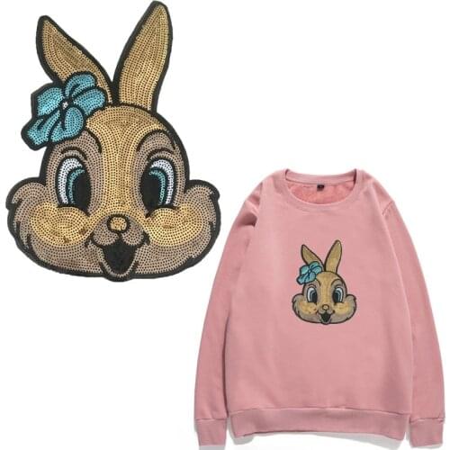 2 Pieces/lot Cartoon Rabbit Sequined Sew on Patches DIY Sewing Repair Animal Sequins Appliques Patch for Clothes