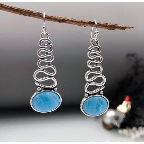 Bohemian Blue Cloud Protein Stone Earrings Chinese Retro National Creative Wave Shaped Long Swing Earrings Anniversary Gift