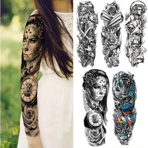 Gangster Compass Rose Temporary Tattoos Sleeve For Women Men Tiger Skeleton Gun Cross Fake Tattoo Sticker Full Arm Tatoos Large