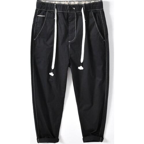 H1229 Men Simple Cotton Ankle-Length Pants Spring Summer Trendy Japan Style Streetwear All-Match Zipper Tie Feet Male Trousers