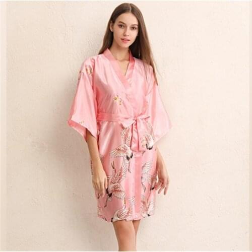 Crane Printed Large Womens Robe Three Quarter Gowns Loose Bathrobe Home Wear Silk Nightgown Bridesmaid Clothes Sleepwear