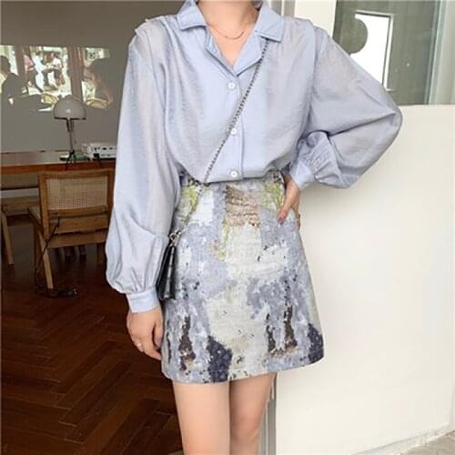 Summer 2020 New Style Lantern Sleeve Prevent Bask Shirt +Oil Painting Skirts Light Ripe Style Two-Piece Suit Polyester Loose