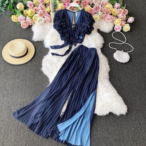 Striped Suit High Waist Short Halter Ruffled V-neck Shirt Short Sleeve Split Wide Leg Trousers Pants Two-Piece Suit UK105