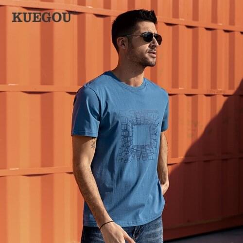 KUEGOU 2021 Summer 100% Cotton Print Blue Letter T Shirt Men Tshirt Brand T-shirt Short Sleeve Tee Shirt Fashion Clothes 90058