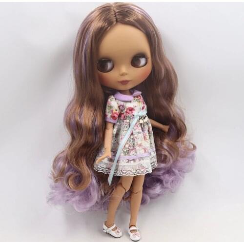 ICY DBS Blyth doll No.BL9158/1049 Brown mix Purple hair without bangs JOINT body Black skin Matte face 1/6 BJD