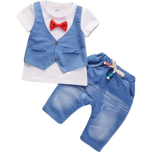 Summer wear childrens clothing new boy fake two bow tie vest T-shirt + shorts two-piece set