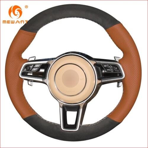 MEWANT Brown Genuine Leather Black Suede Car Steering Wheel Cover for Porsche Macan Cayenne 2015 2016 Interior Accessories Parts