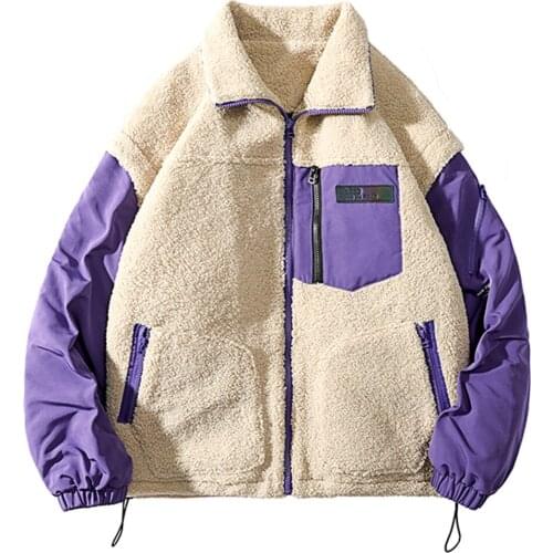 2021 Winter New Patchwork Contrast Color Men Polar Fleece Jackets Turn-Down Collar King Size Student Loose Casual Garment Coats