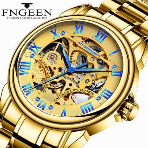 Fngeen male mechanical watch men hollow mechanical watch business leisure waterproof three gold watch gold watches