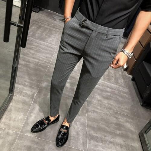 2021spring New Striped Belt Trousers Mens British Style Suit Trousers Mens Formal Pants Social Slim Office Trousers Size 28-38