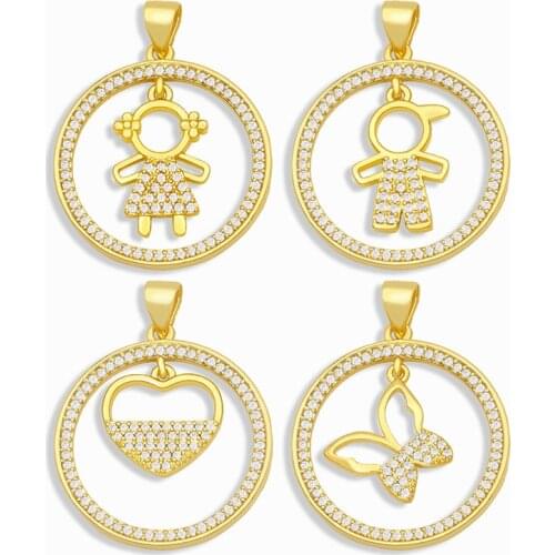 OCESRIO CZ Brass Boy and Girl Necklace Charms for Jewelry Making Gold Round Family Pendants for jewelry Accessories pdta278