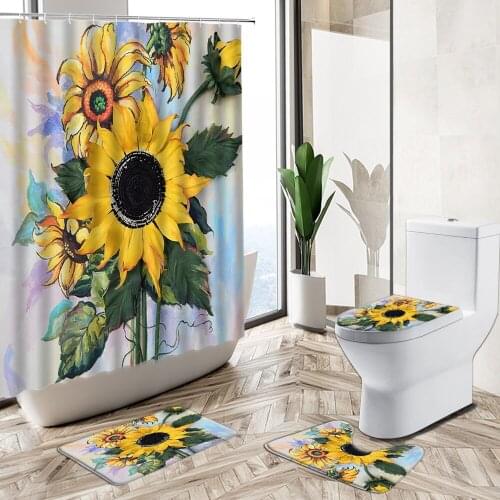 Sunflower Flower Printed Shower Curtain Set European Retro Oil Painting Art Non-Slip Rug Toilet Lid Cover Bath Mat Bathroom Deco
