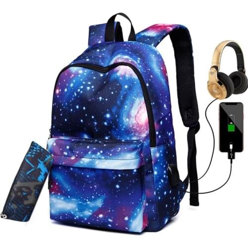 Girl Starry Sky Printed Primary Junior High University School Bag Bookbag Backpack with USB Charging Port Book Bags