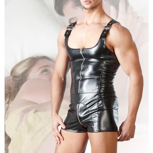 Sexy Men Sleeveless Open Crotch Faux Leather Zipper Bodysuit Shorts Jumpsuit