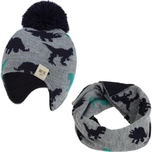 2021 autumn and winter new hat scarf suit European and American dinosaur jacquard knitted ear caps for boys and girls