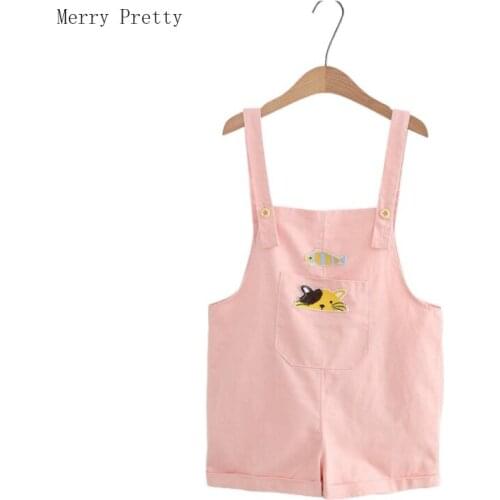 Pink Summer Strap Shorts Women Cartoon Cat Appliques overalls Casual Cotton Shorts Sweet Style Girl Overalls Bib Shorts Female