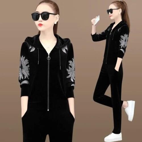 Rhinestone Velvet Tracksuit Women 2021 Spring Autumn Plus Size Casual Two Piece Set Fashion Zip Up Hooded Sweatshirt + Pant Suit