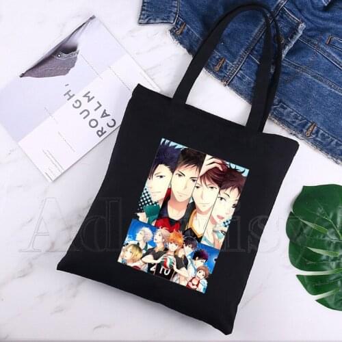 Haikyuu Unisex Handbags Custom Canvas Tote Bag Print Daily Use Reusable Travel Casual Shopping Bag Black