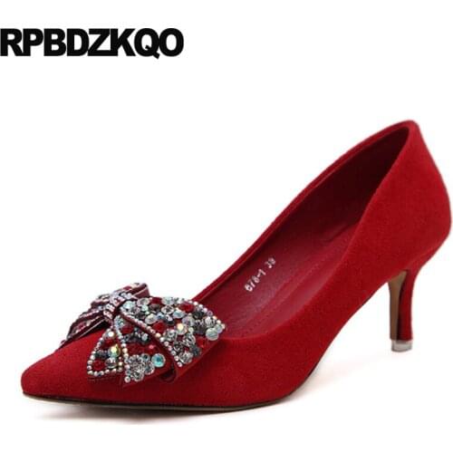 Thin pumps suede dress slingback bow rhinestone high heels pointed toe diamond mules slipper crystal shoes women 2019 red thick