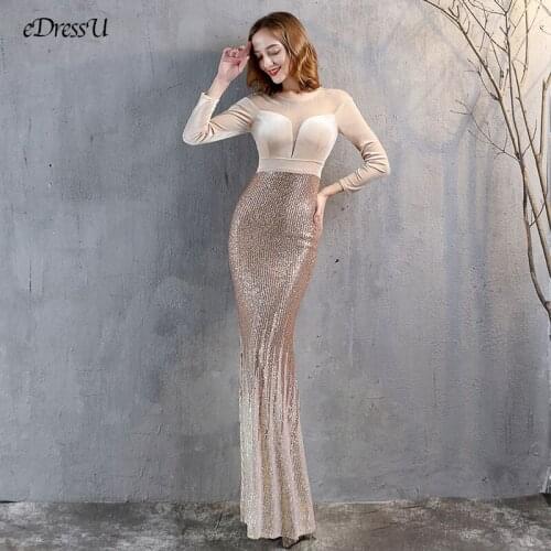 Vevelt Evening Dress Long Sleeve Sequins Party Dress Elegant Patchwork O-neck Mermaid Dress Formal Prom Dress YNY-18291