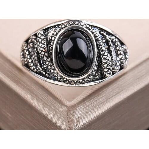 Vintage Silver Plated Oval Black Stone Rings for Men Punk Wind Ferocious Animal Snake Chunky Finger Ring Women Jewelry Gift