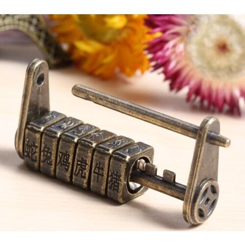 Zinc Alloy Chinese Old Vintage Keyed Password Retro Combination Padlock Jewelry Box Lock Furniture Door Decor Antique Bronze