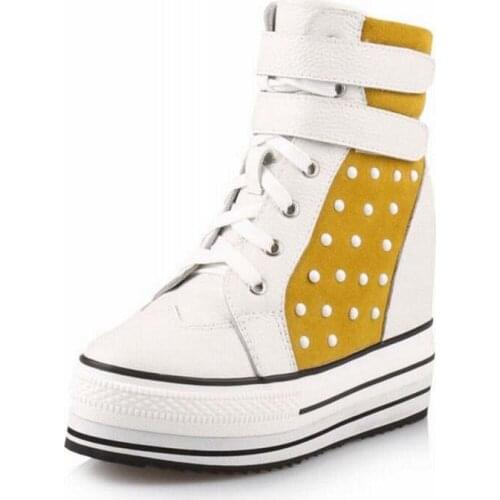 Genuine leather wedges heel women ankle boots fashion platform high-heeled rivets botas femininas high top lace up casual shoes